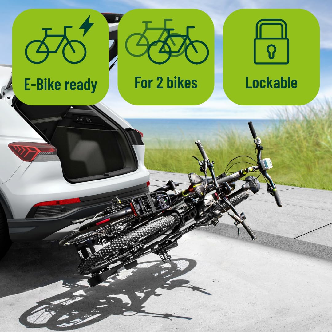 EUFAB 11521 Fahrradträger PREMIUM 2, E-Bike geeignet, komplett vormontiert, Diebstahlschutz, für 2 Fahrräder, für Anhängekupplung, Schwarz, Silber