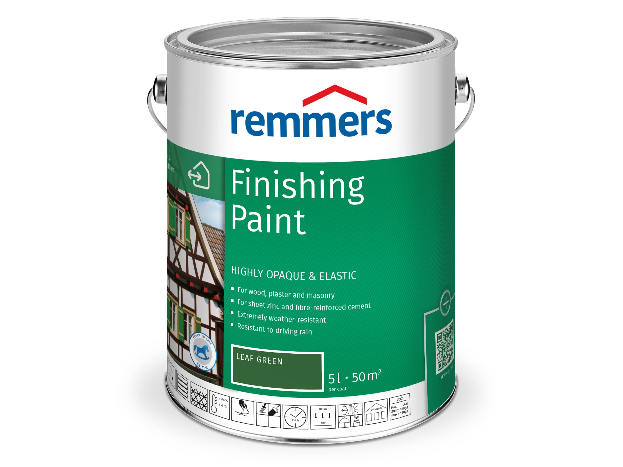 Remmers Finishing Paint leaf green, 5 litres, water-based finishing paint for interior and exterior use, weather protection paint for wood, zinc, mineral and many other substrates