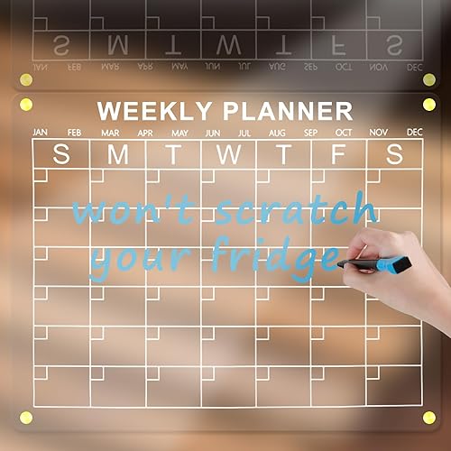 Miniatura 3 de Calendario acrílico para refrigerador con imanes dorados, calendario mensual transparente con 2 clips magnéticos dorados, cuatro marcadores