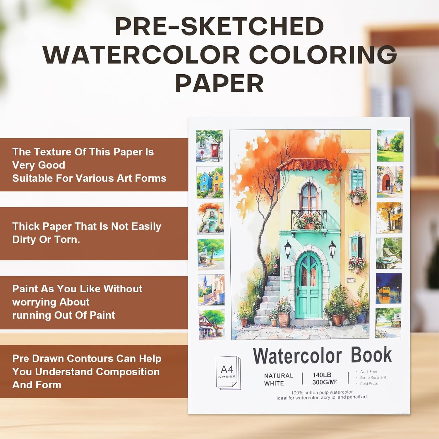 RGBMIX 12 Sheets Watercolor Paper Book 9x12'' Cotton 140lb/300gsm Watercolor Journal Pre-Printed Cozy Line Art of Coffee Shop, Bookstore, Couples, Tram, Street Reading Nook for Watercolor & Acrylic