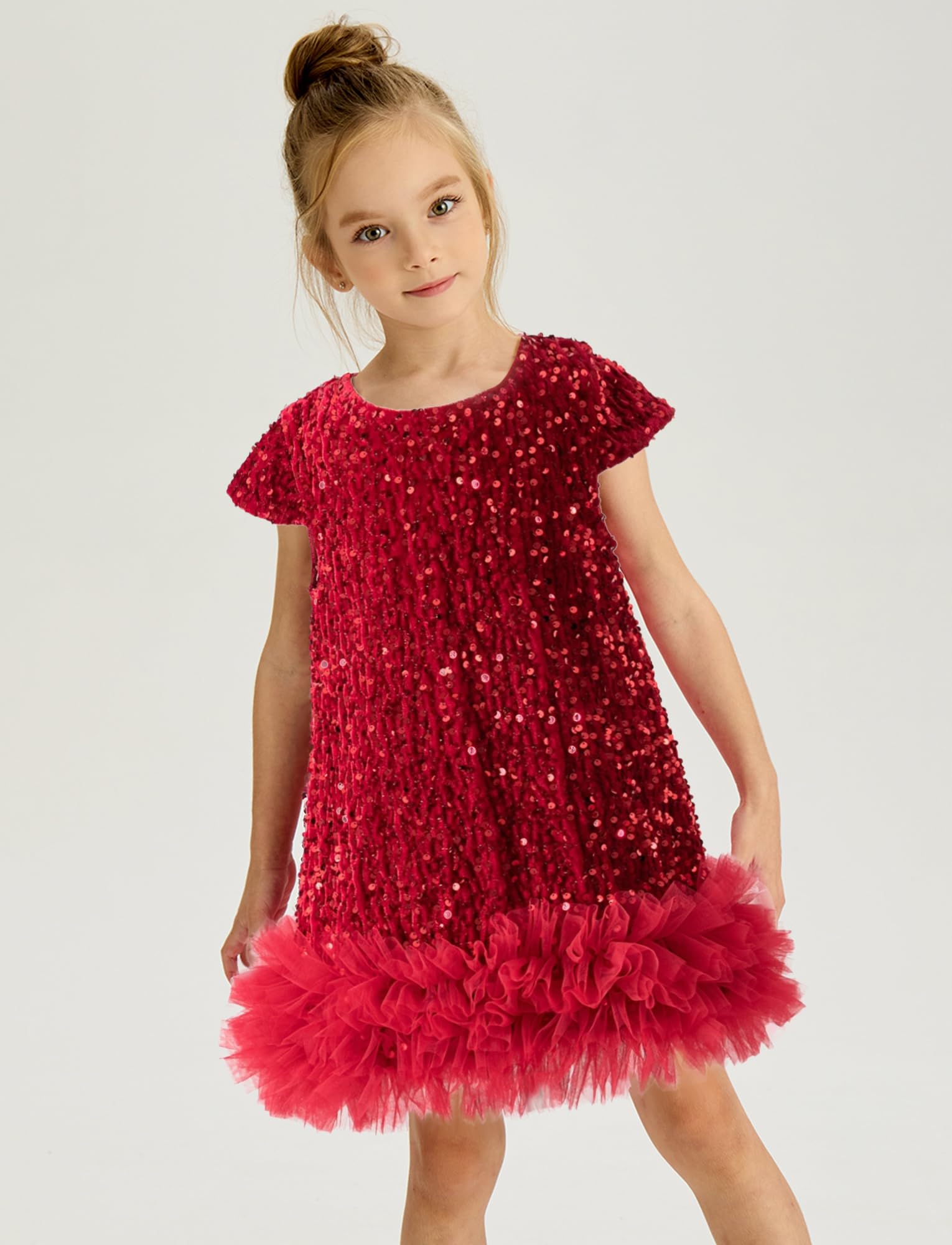 Happy Cherry Vestito con paillettes per bambine a trapezio senza maniche scintillante abito da festa con bordo in pelliccia sintetica