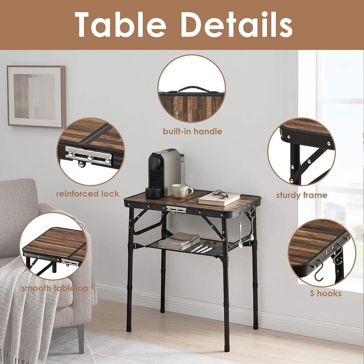Folding TV Dinner Tray Table, Adjustable Height Portable Sofa Snack Table with Storage Net, Lightweight Aluminum Couch End Table for Living Room, Bedroom, Camping, Patio (Wood Grain)