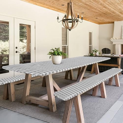 Miniatura 8 de Fitable Funda impermeable para mesa de picnic a cuadros, para exteriores, con fundas de banco, 3 piezas, mantel de vinilo ajustable de franela de 30