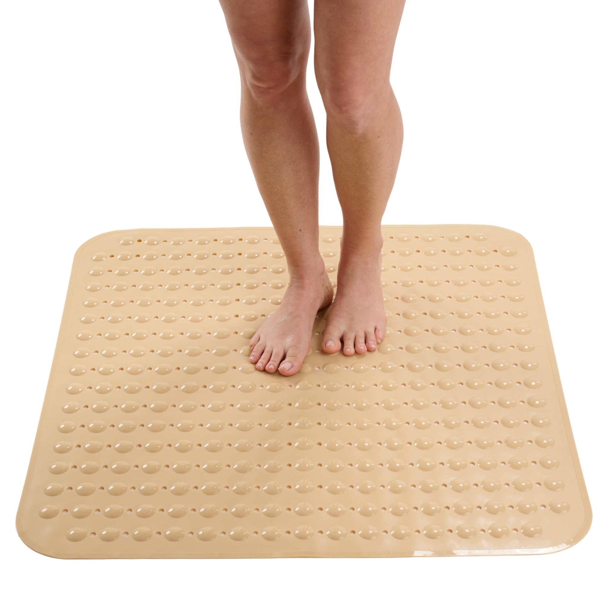 ENKOSI Extra Large Square Non Slip Shower Mat - 31 x 31-inch XL Bathroom Shower Mat - Square Shower Mats for Shower Stall Floors | Secure Suction Cups and Drain Holes (31x31 Beige Opaque)