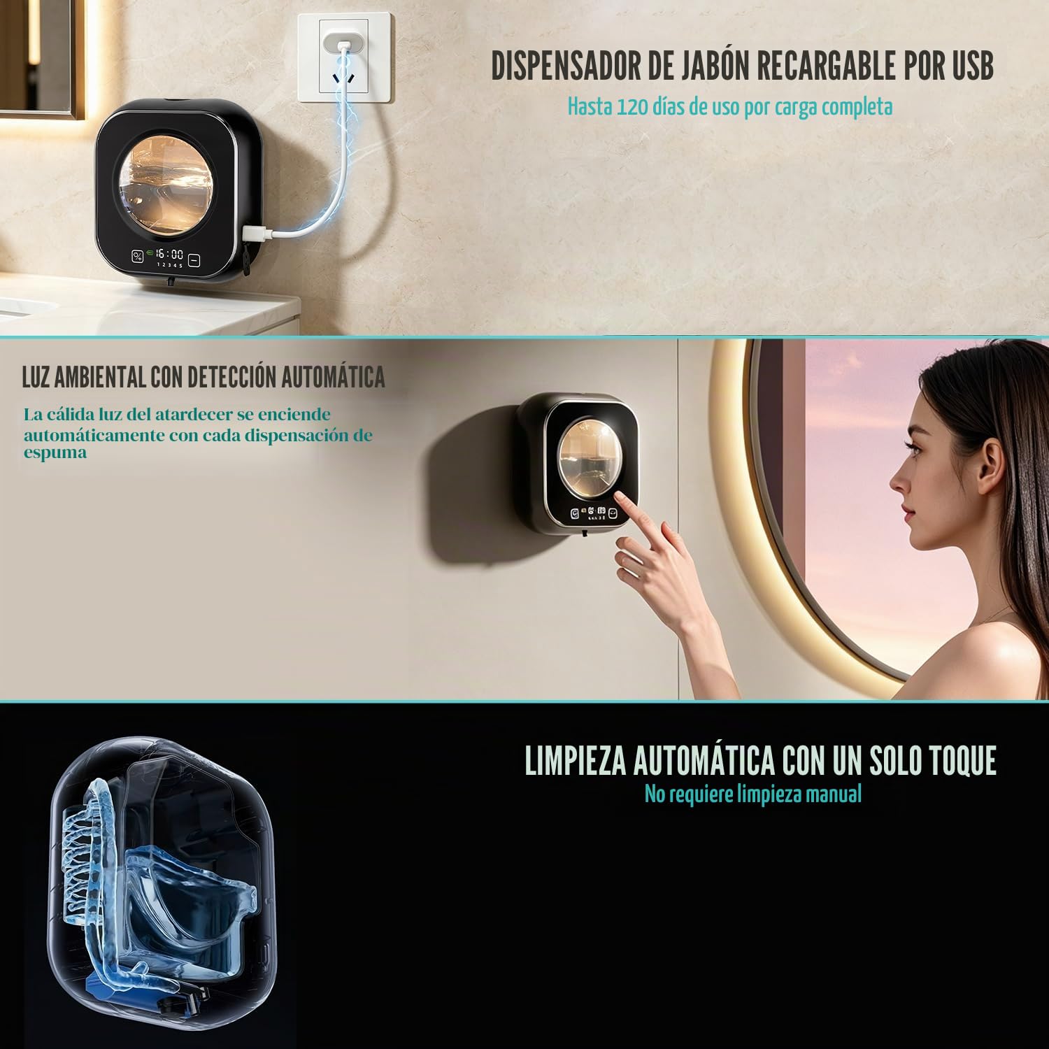 Automatico Dispensador Jabon Baño,320ml Dosificador de Jabón Líquido para Pared, Jabonera Cocina Dosificador Carga USB con Sensor Dispensador Jabon Cocina, Apto para Cocina, Baño, Hotel
