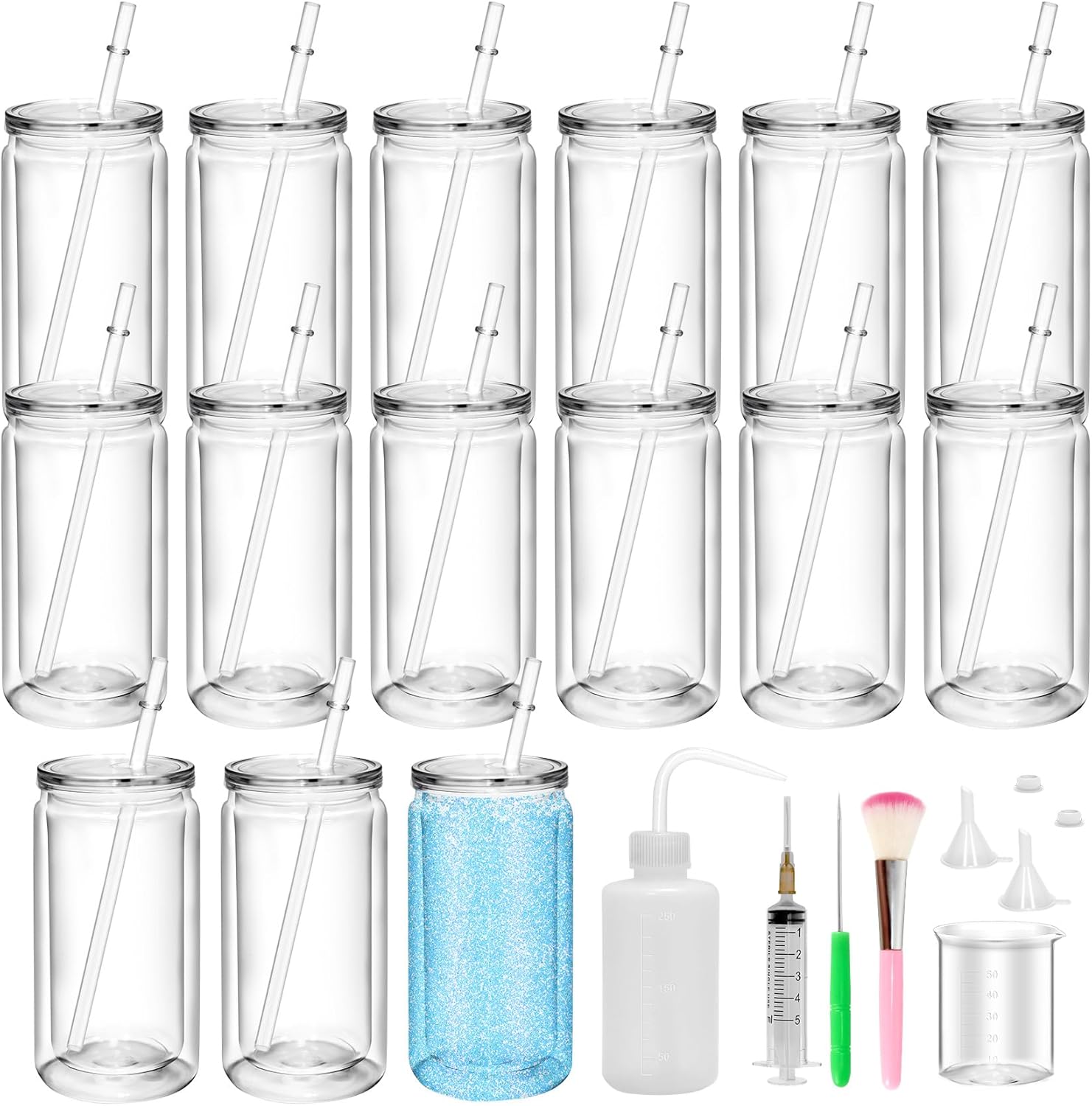 15 Pack Acrylic Snowglobe Tumbler with DIY Tools, 20 oz Snow Globe Tumblers, Pre Drilled Snow Globe Tumbler Supplies for DIY Enthusiasts