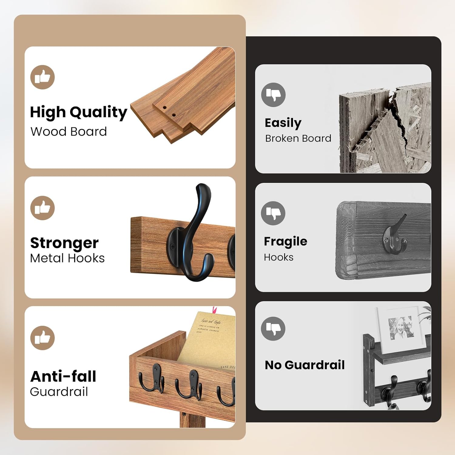 35'' Brown Coat Rack Wall Mount with Shelf, Solid Wood Coat and Key Hanger with 13 Metal Hooks, Farmhouse Wall Organizer for Mail, Entryway Wall Hangers for Hats, Clothes, Backpacks, Mudroom