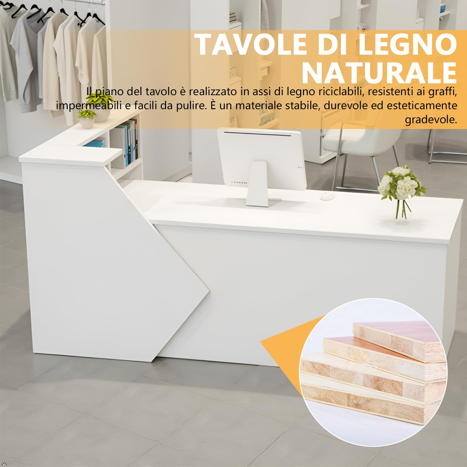 Banco Reception 80-300cm, Scrivania Reception Moderna con Scaffali, Banco per Negozio, Ufficio, Salone di Bellezza e Bar