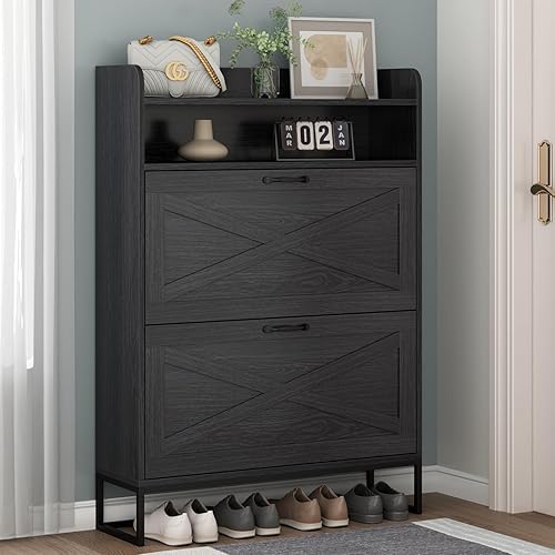 Miniatura 8 de Armario de zapatos, armario de almacenamiento de zapatos independiente con 2 cajones abatibles, zapatero de entrada con compartimento superior de