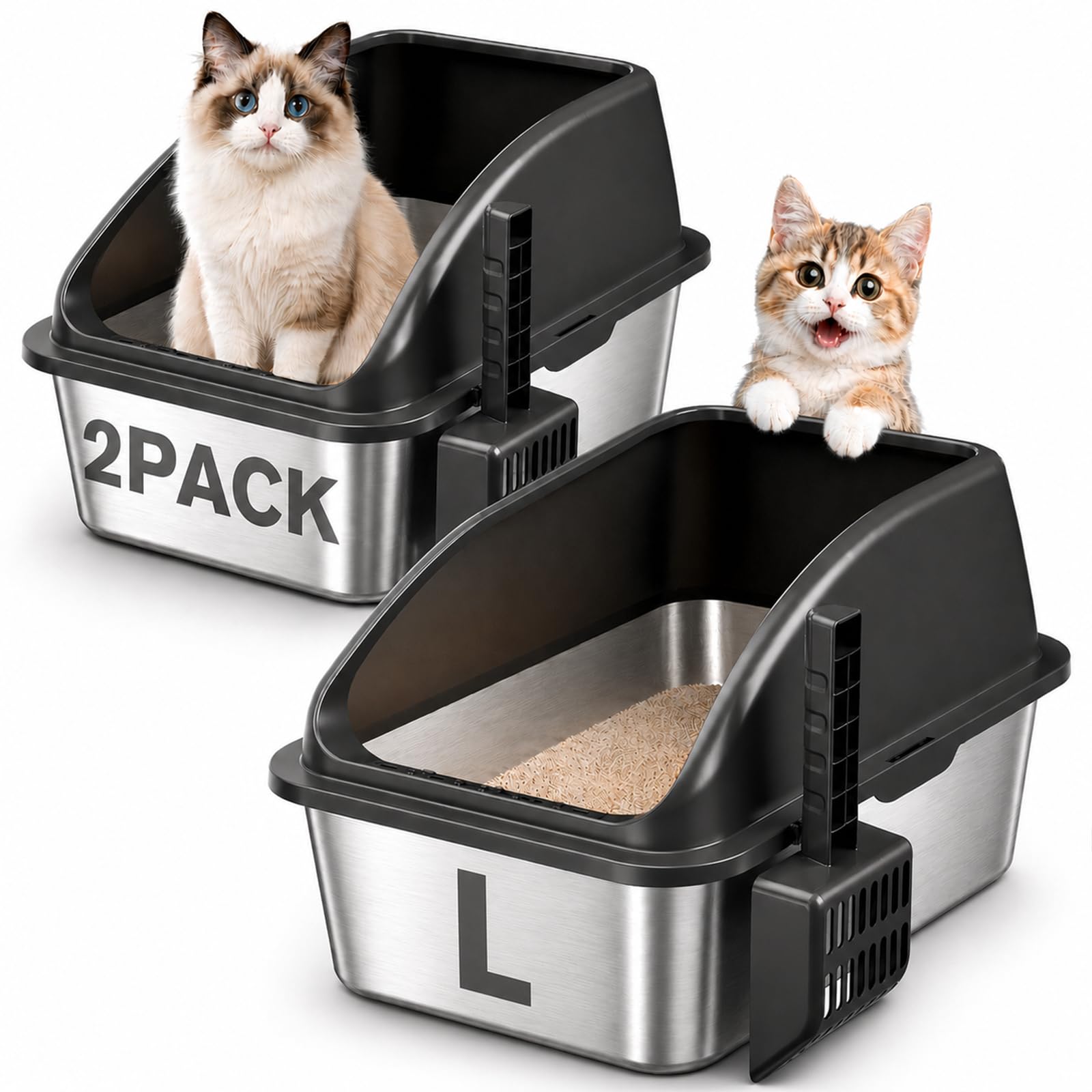 Inodoro para gatos de acero inoxidable para gatos grandes, 50 x 35 cm, color negro