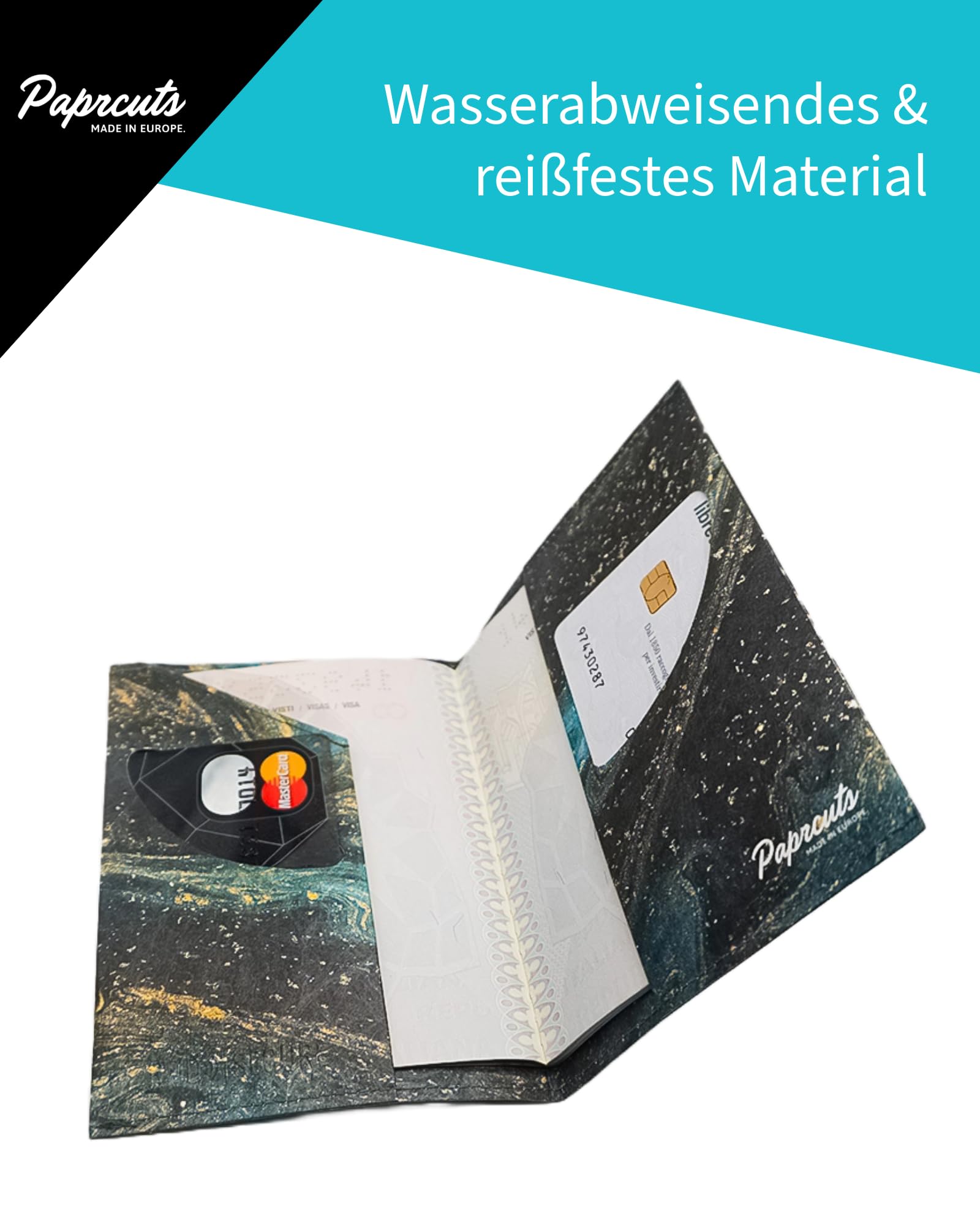Paprcuts Custodia per passaporto RFID super sottile con 2 scomparti per carte di credito e spazio per passaporto d'imbarco, 100% vegano, impermeabile e antistrappo, unisex, Marmo zaffiro, 14 x 10 x