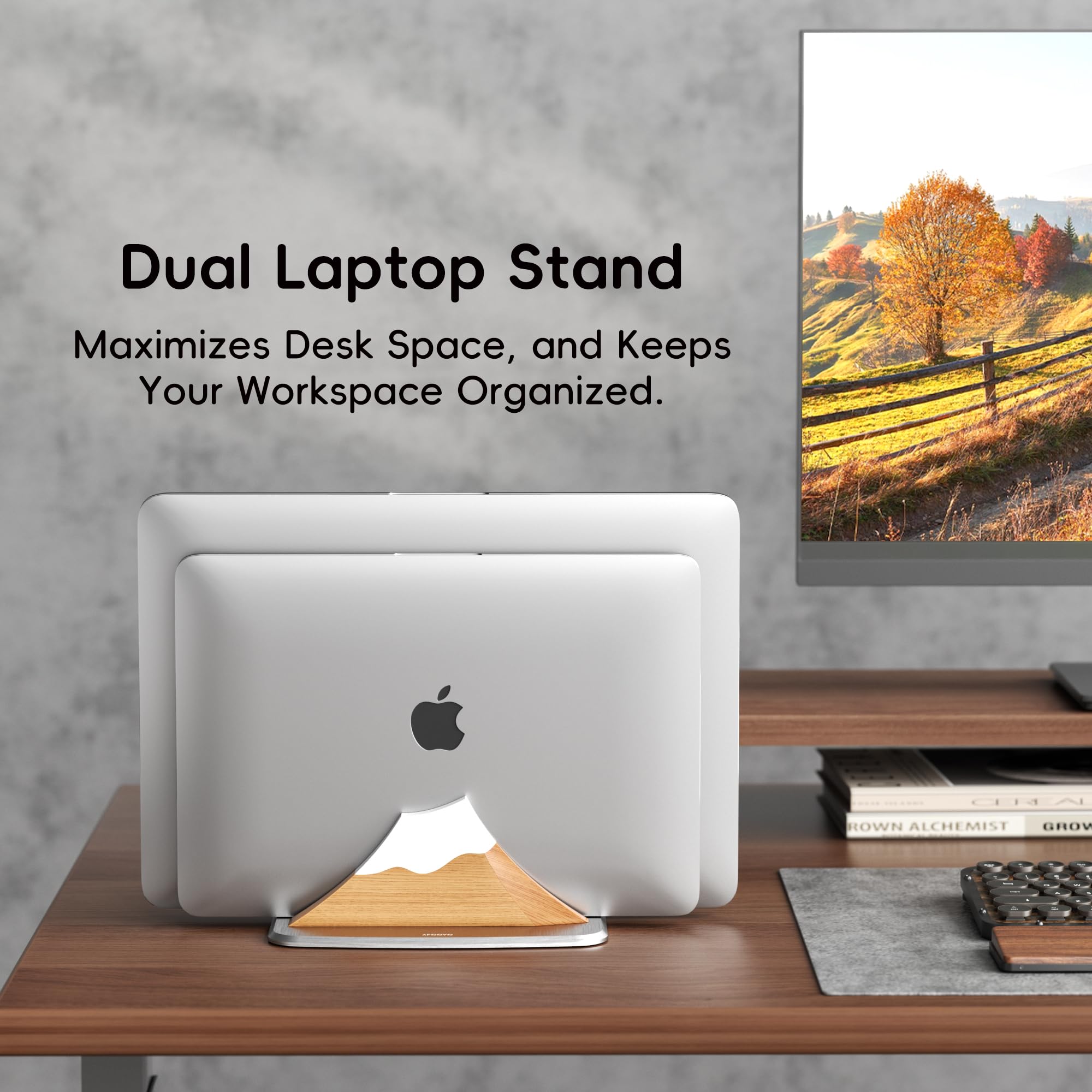 AFOOYO Vertikaler Dual-Laptop-Ständer – Schneeschirm-Form, verstellbarer Laptop-Halter, 2 Steckplätze, Desktop-Dock, kompatibel mit allen MacBook, Surface, Chromebook, Dell und mehr (Buchenholz)