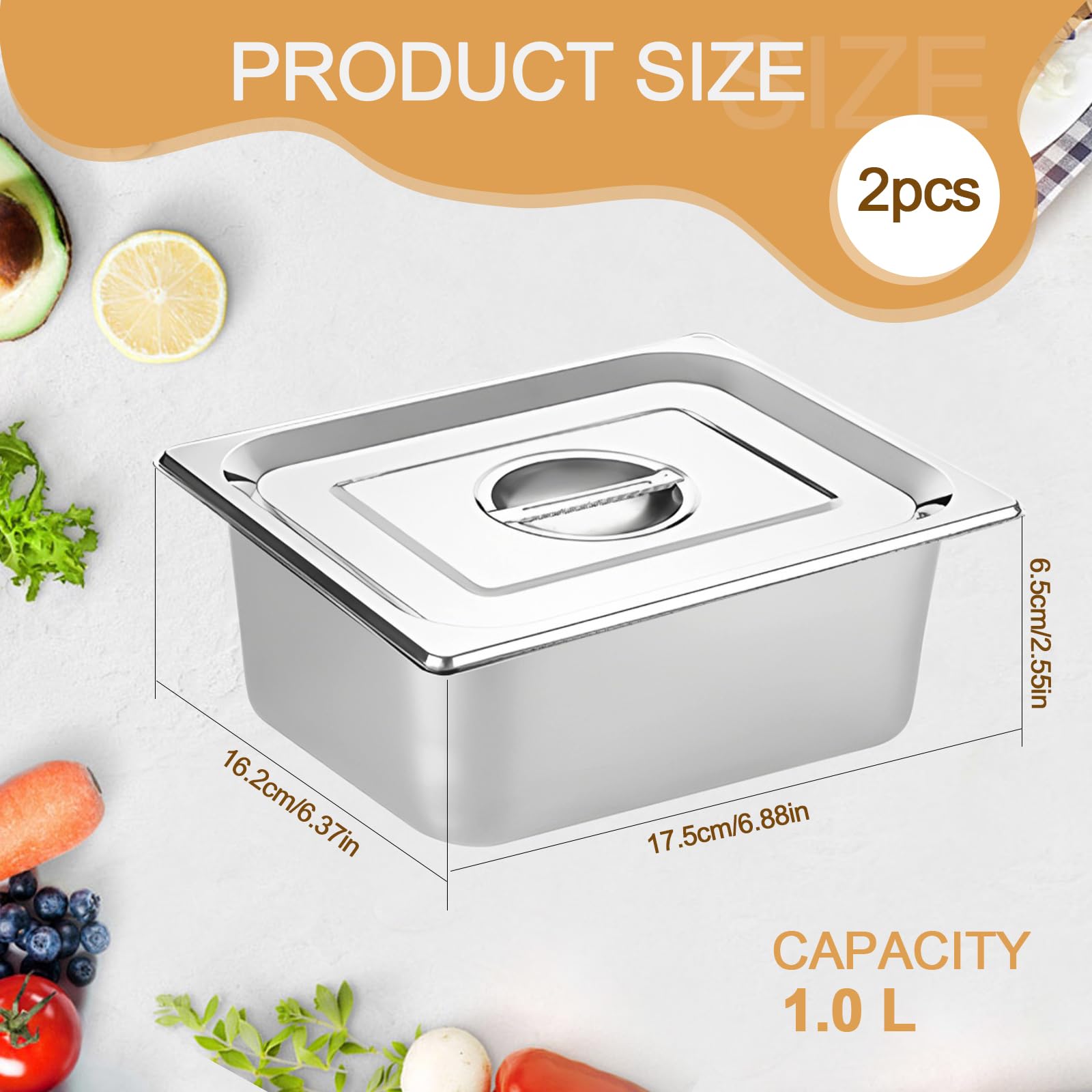 2 Pezzi Contenitori Acciaio Inox Gn 1/6, 17,5 x 16,2 x 6,5 Cm Contenitori Acciaio con Coperchio, Contenitore per Ristorante, Buffet, Festa