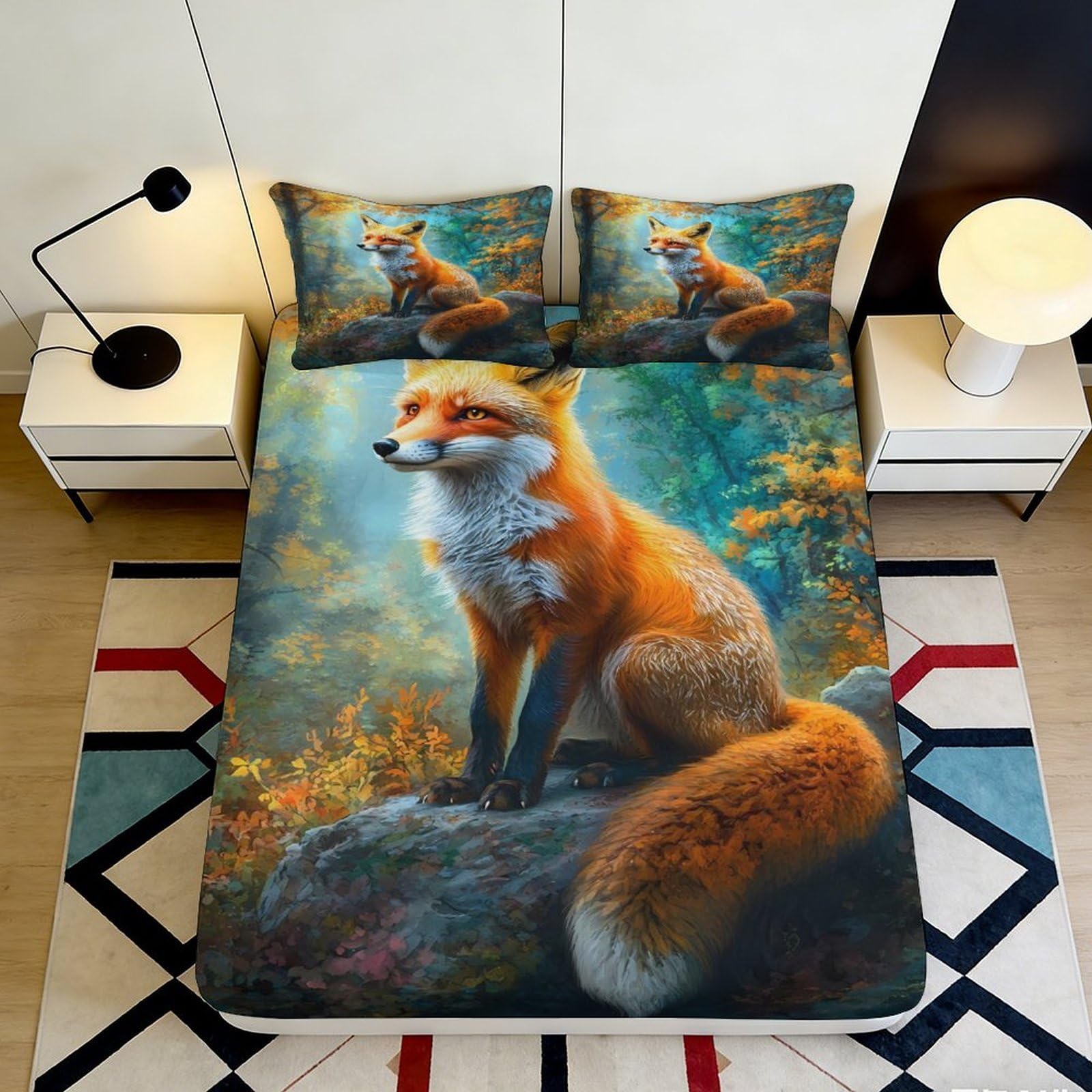 3D Printed Forest Fox Fitted Sheet Microfiber Soft Autumn Woodland Bed Cover for Bedroom Guest Room Mattress Decor 200x200x25cm