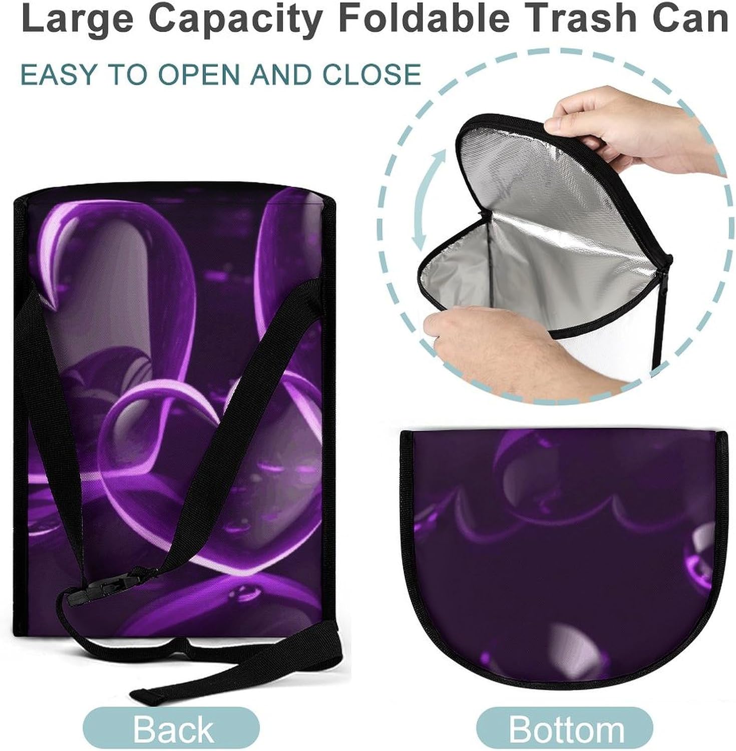 Hanging Car Trash Bag Protable Trash Can Purple Hearts Waterproof Garbage Bin for Car