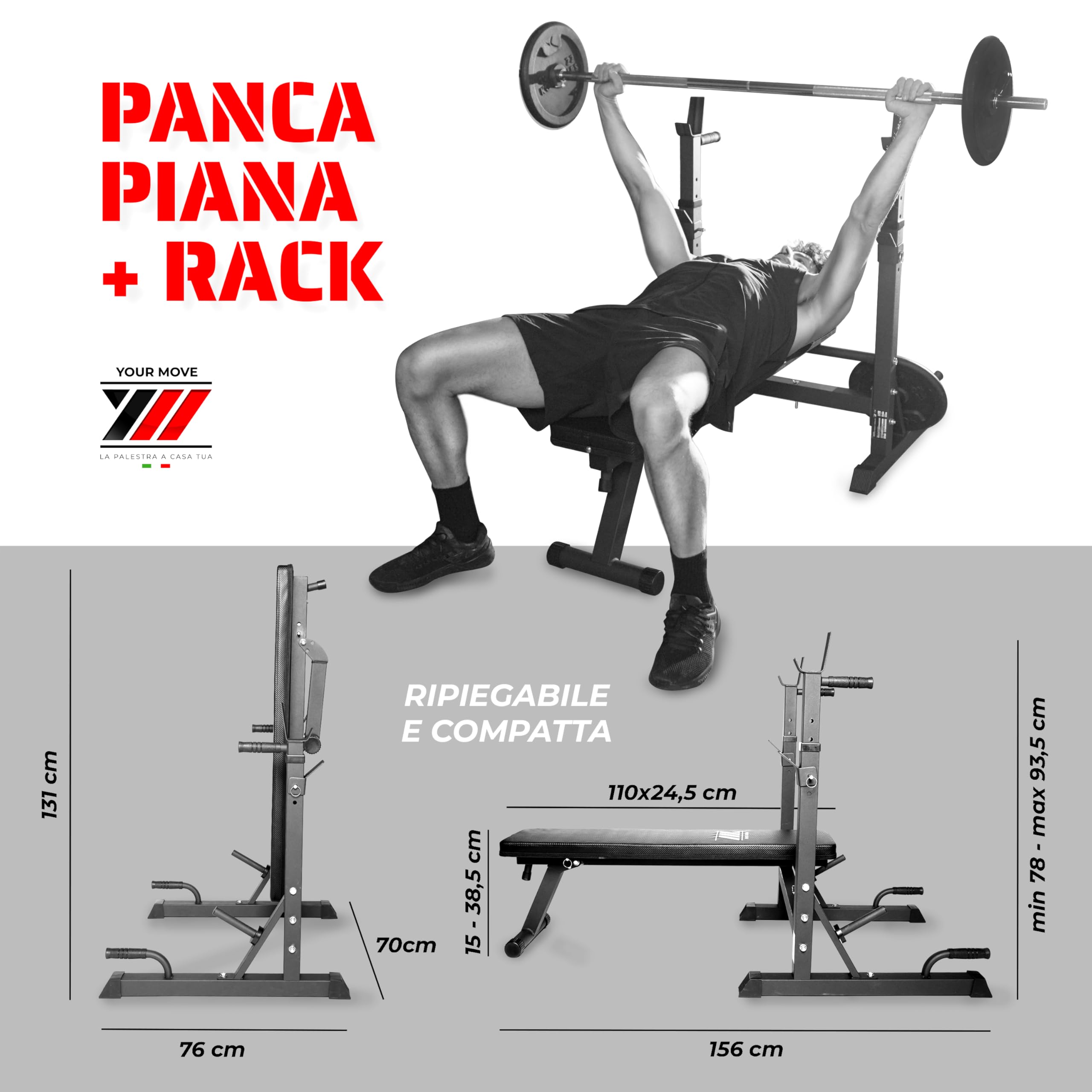YM Bench Weight, Panca Sollevamento Pesi Professionale Regolabile con Porta Bilanciere, Acciaio Inossidabile, Verniciatura a Sabbia, Morbidi Cuscini in Schiuma in Similpelle, Schienale Inclinabile