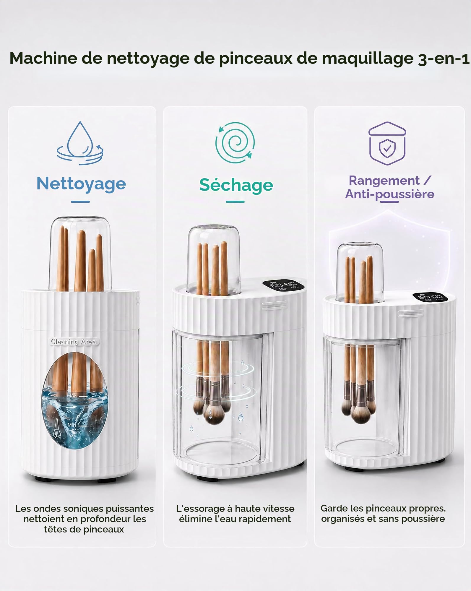3 en 1 Nettoyeur & Sècheur Pinceaux de Maquillage électrique, Appareil de Nettoyage en Profondeur Automatique avec Connexion USB, Rapides et Portables pour Plupart des Tailles de Pinceaux