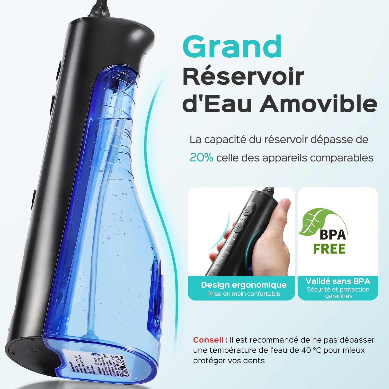 COSLUS C50 Jet Dentaire Hydropulseur Irrigateur Oral: 4 modes et 20 niveaux-IPX7 étanche-Technologie Anti éclaboussures-Usage à domicile et en voyage-pour gencives sensibles et santé-Noir Brillant