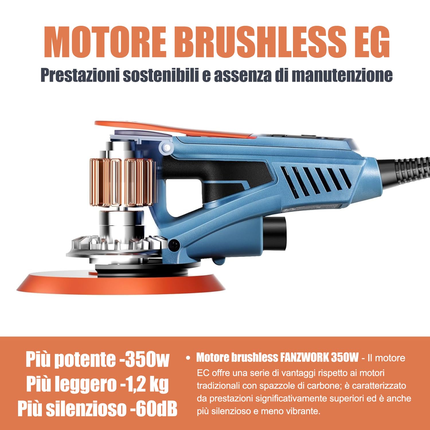 FANZTOOL Levigatrice Orbitale Senza Spazzole, 5,0 mm Levigatrice Rrotorbitale, 350W Casuale Brushless, 7 Velocità, 18 Dischi Abrasivi a Rete,Platorello 150 mm, Valigetta.Ideale per la Levigatura