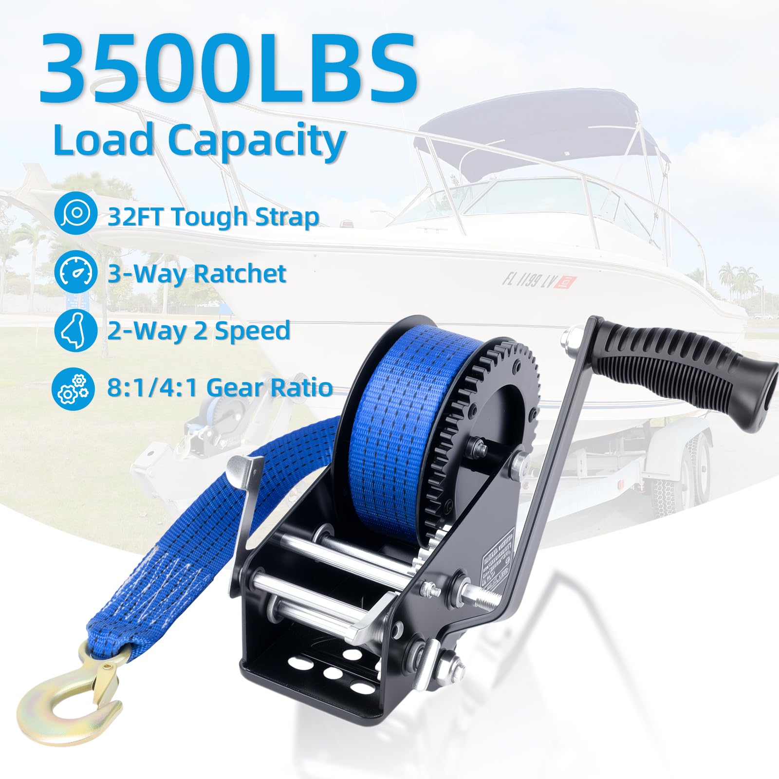 RVSNAIL 3500LBS Heavy Duty Boat Trailer Winch with 32FT Strap, 2-Way Ratchet, 4:1/8:1 Gear Trailer Winch, Portable Hand Crank for Boat, Truck, Trailer, RV, ATV, Jet Ski