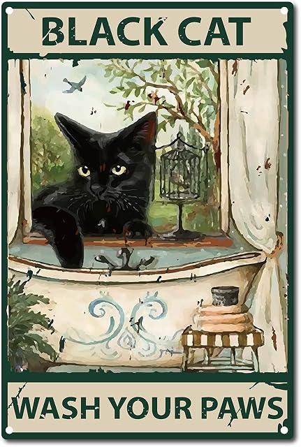 CREATCABIN Funny Black Cat Wash Your Paws Metal Tin Sign Bathroom Quote Vintage Sign for Bathroom Kitchen Cafe Wall Decor, 8 x 12 Inch