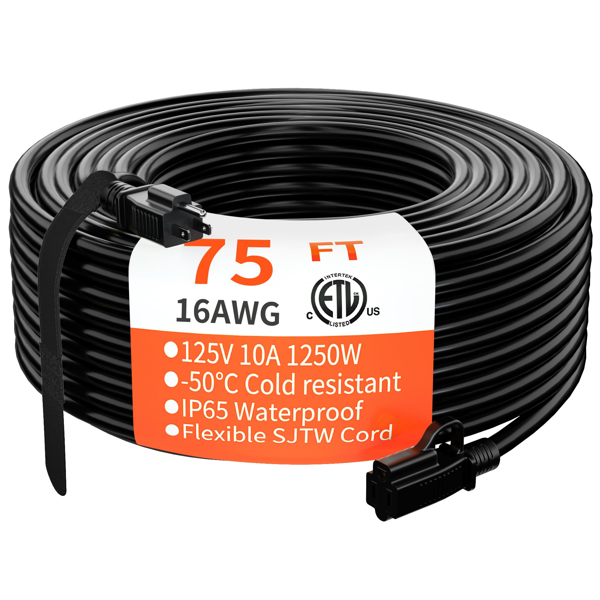 Photo 1 of Indoor Outdoor Black Extension Cord 75 ft Waterproof, 16/3 Gauge Flexible Cold-Resistant Appliance Extension Cord Outside, 10A 1250W 16AWG SJTW, 3 Prong Heavy Duty Electric Cord, ETL HUANCHAIN 75FT Black