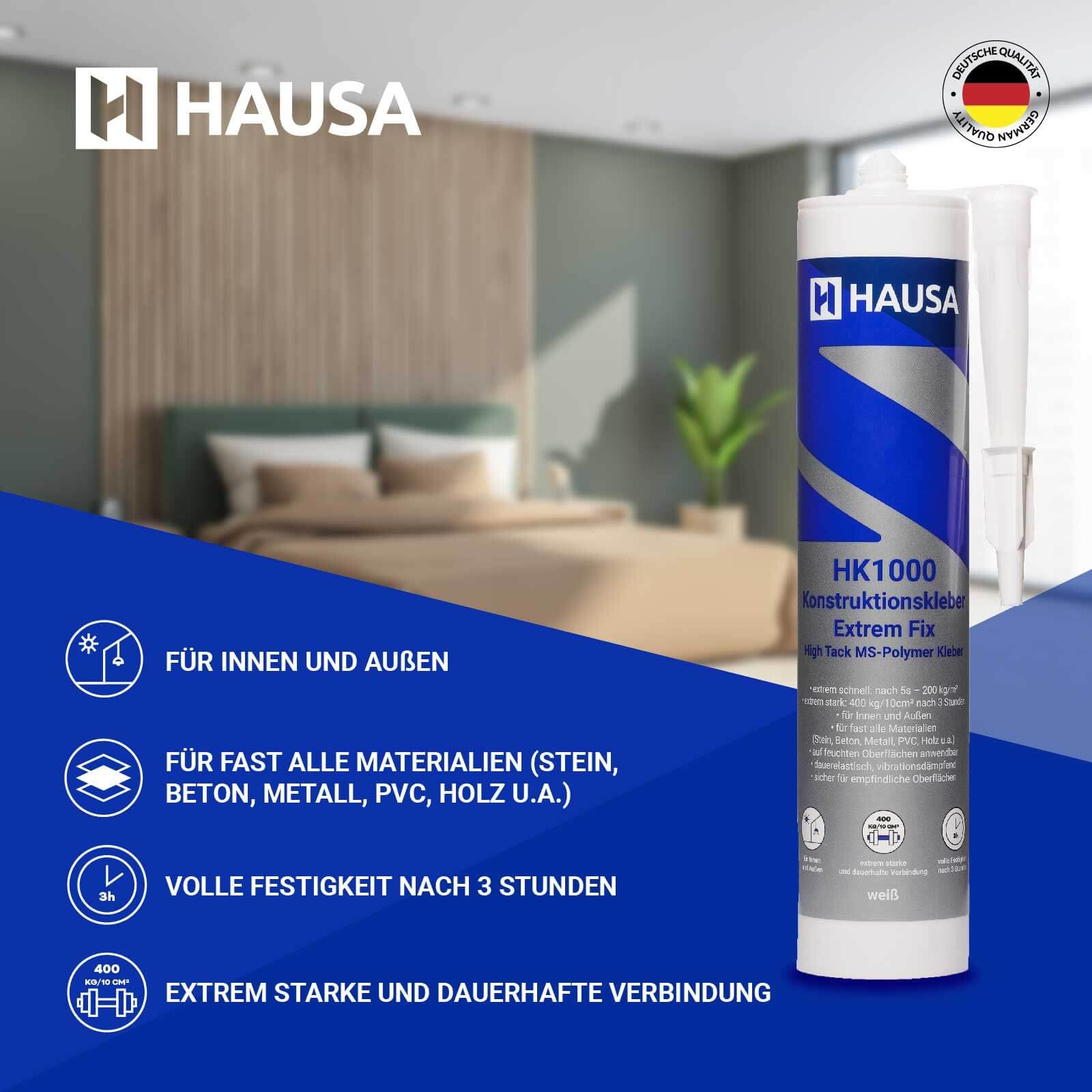 HAUSA Colle de construction HK1000 Extrem Fix Extrêmement forte et rapide Colle de montage professionnelle pour tout intérieur et extérieur Montage simple solide et rapide 6x 290ml Blanc