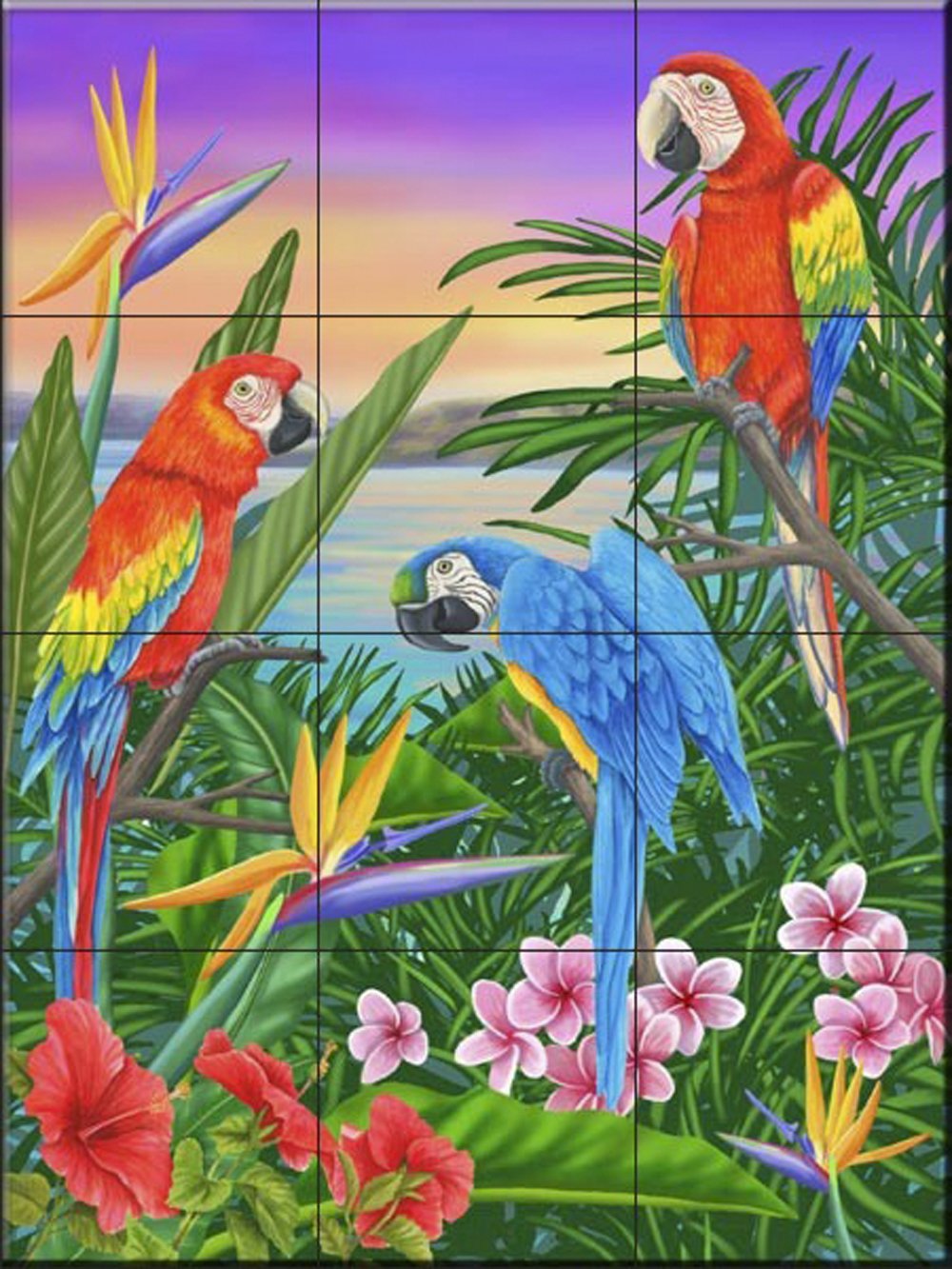 Ceramic Tile Mural - Parrot Trio- by Mary Lou Troutman - Kitchen splashback / Bathroom shower