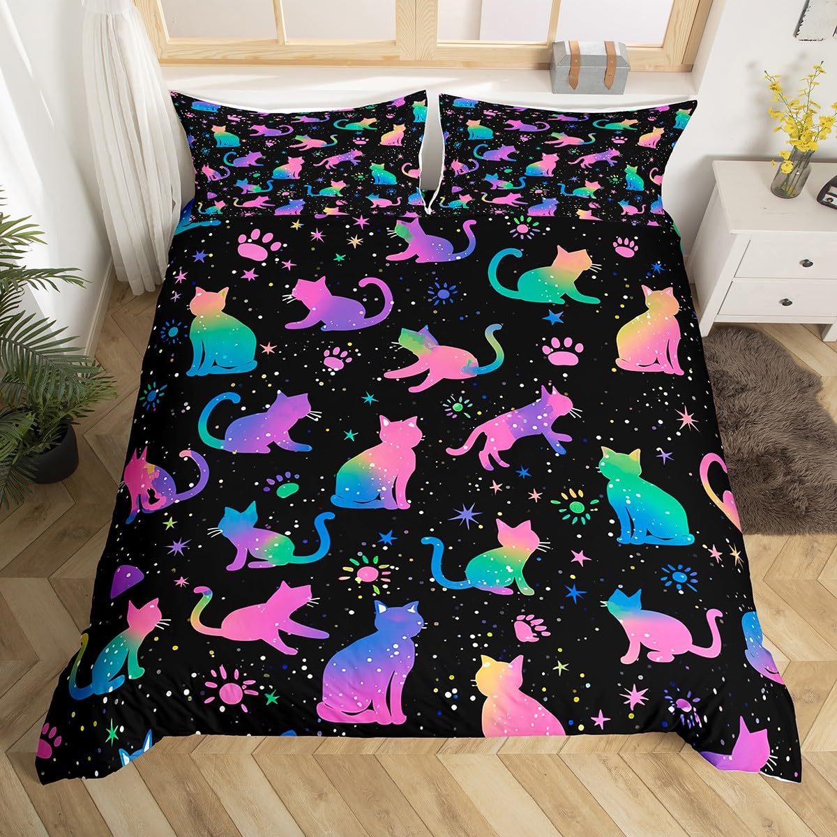 Homewish Kawaii Cat Bedding Single for Boys Girls Cute Kitten Animal Duvet Cover, Black and Pink Bed Set Super Cozy 2 Pieces, Duvet Cover + Pillowcase