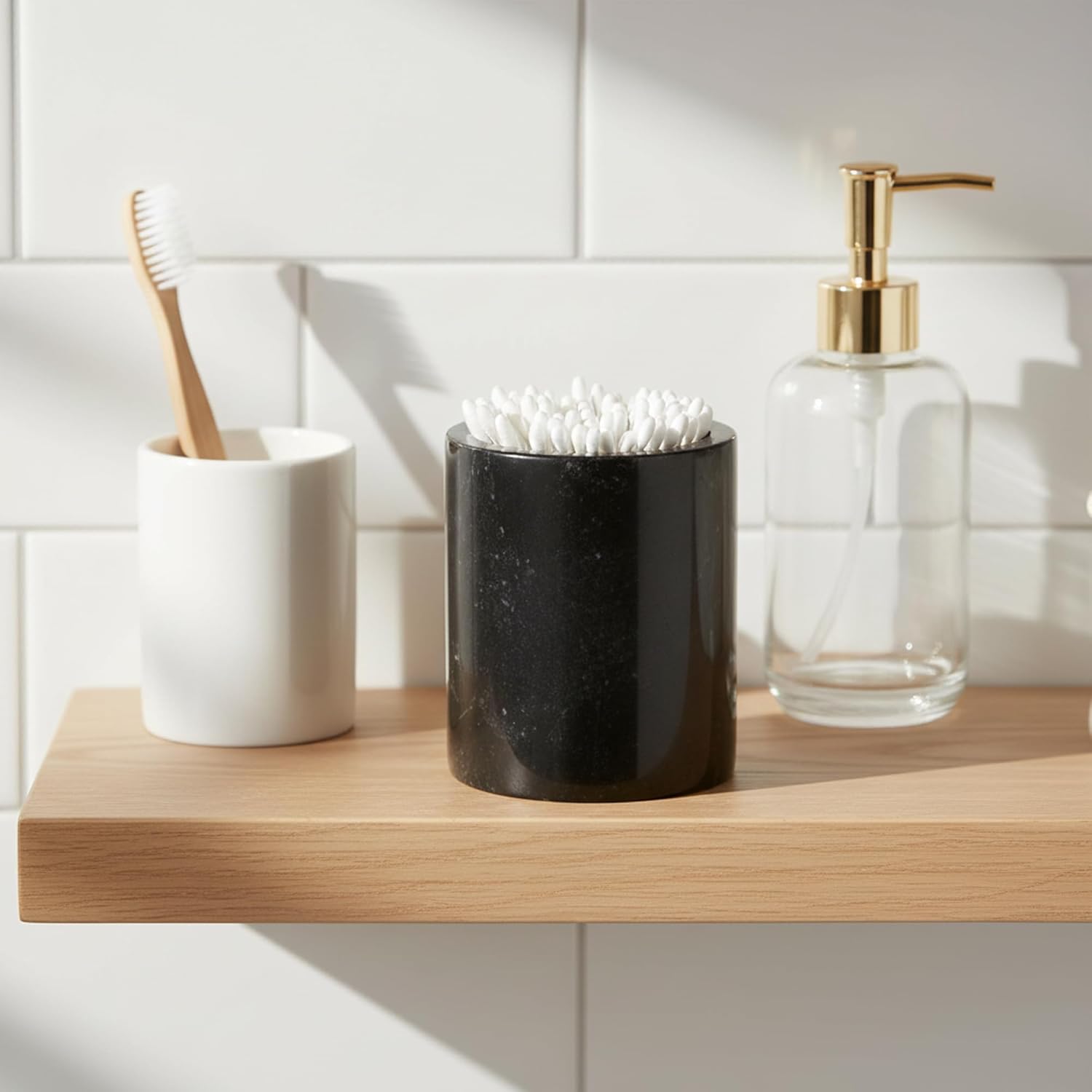 Marble Canister with Lid Natural Black Qtip Holder for Cotton Swabs, Balls, Pads, Floss Picks, Bath Salts - Vanity Makeup Storage Organizer Bathroom Essentials Accessories Decor