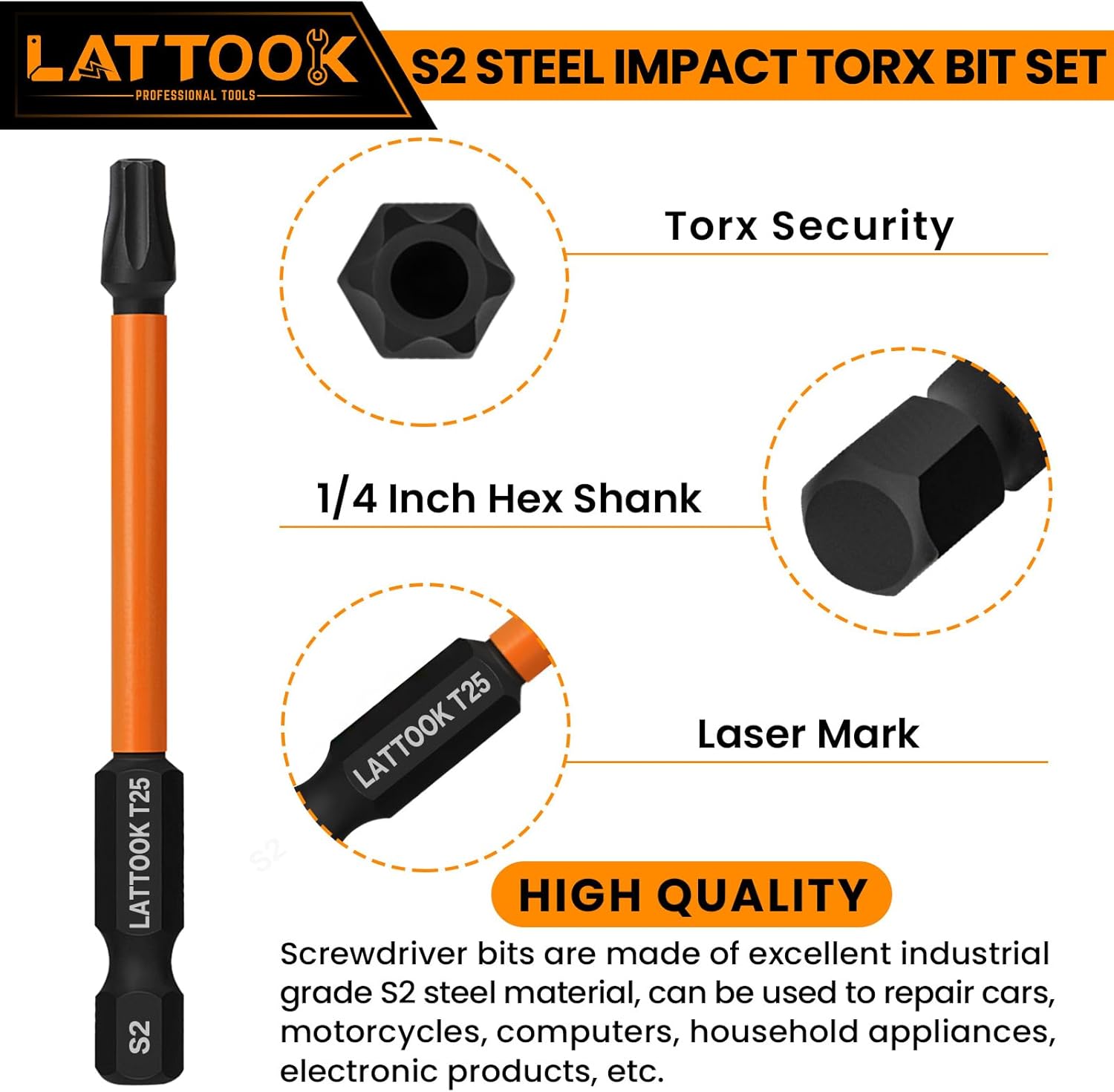 T25 Torx Bits, LATTOOK 10PCS T25 Impact Security Torx Bit Set Tamper Resistant Star Bit Set, Magnetic S2 Steel, 3'' Long