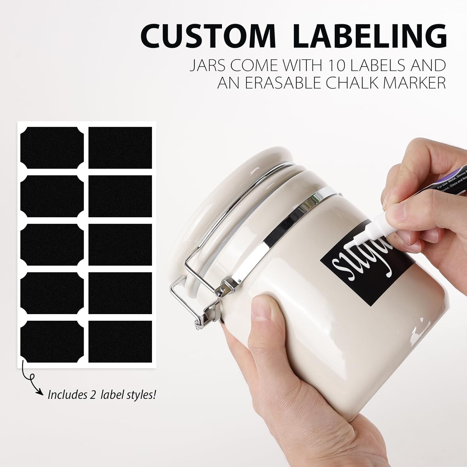 4-Piece Airtight Ceramic Canisters Set with Wooden Spoons & Chalk Labels – Perfect for Coffee, Sugar, Flour, Tea (Cream) – Stylish & Leakproof Kitchen Storage - Image 3