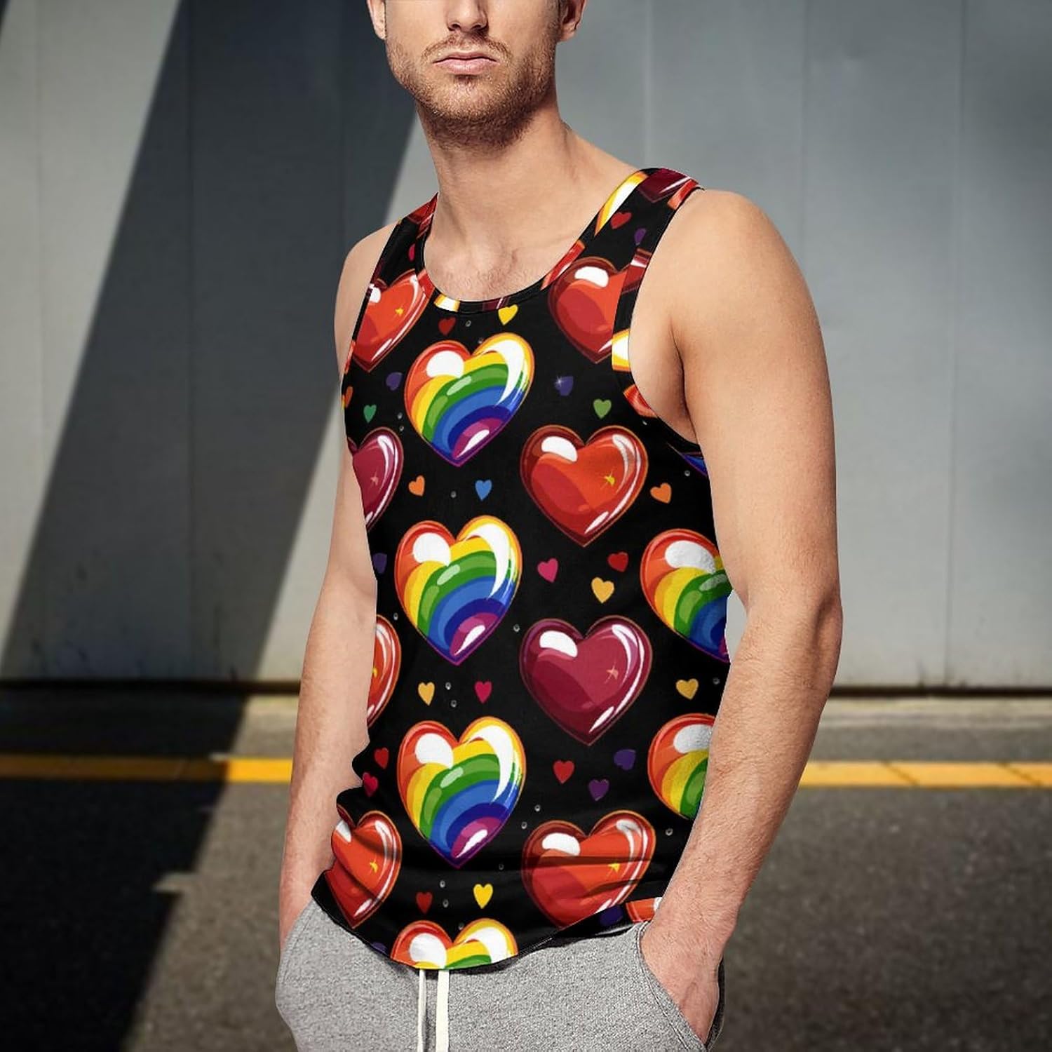 LGBT Rainbow Love Heart Men's Tank Top Sleeveless Muscle Shirts Vest Beach T Shirts for Workout Gym
