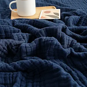 EMME Muslin Blanket 100% Cotton Twin Blankets for Couch Breathable Gauze Blanket All Season Soft and Lightweight Pre-Washed (Navy, 60"x80")