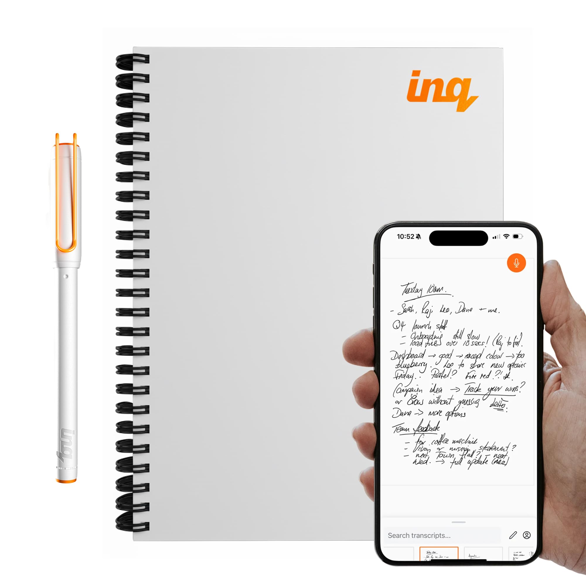 Photo 1 of inq Smart Writing Set – Converts Handwriting to Text – Real Ink on Real Paper - AI Note Taking, Voice Recording and Transcription, For iPhone and Android - Smart Pen & Notebook (Letter Size), White