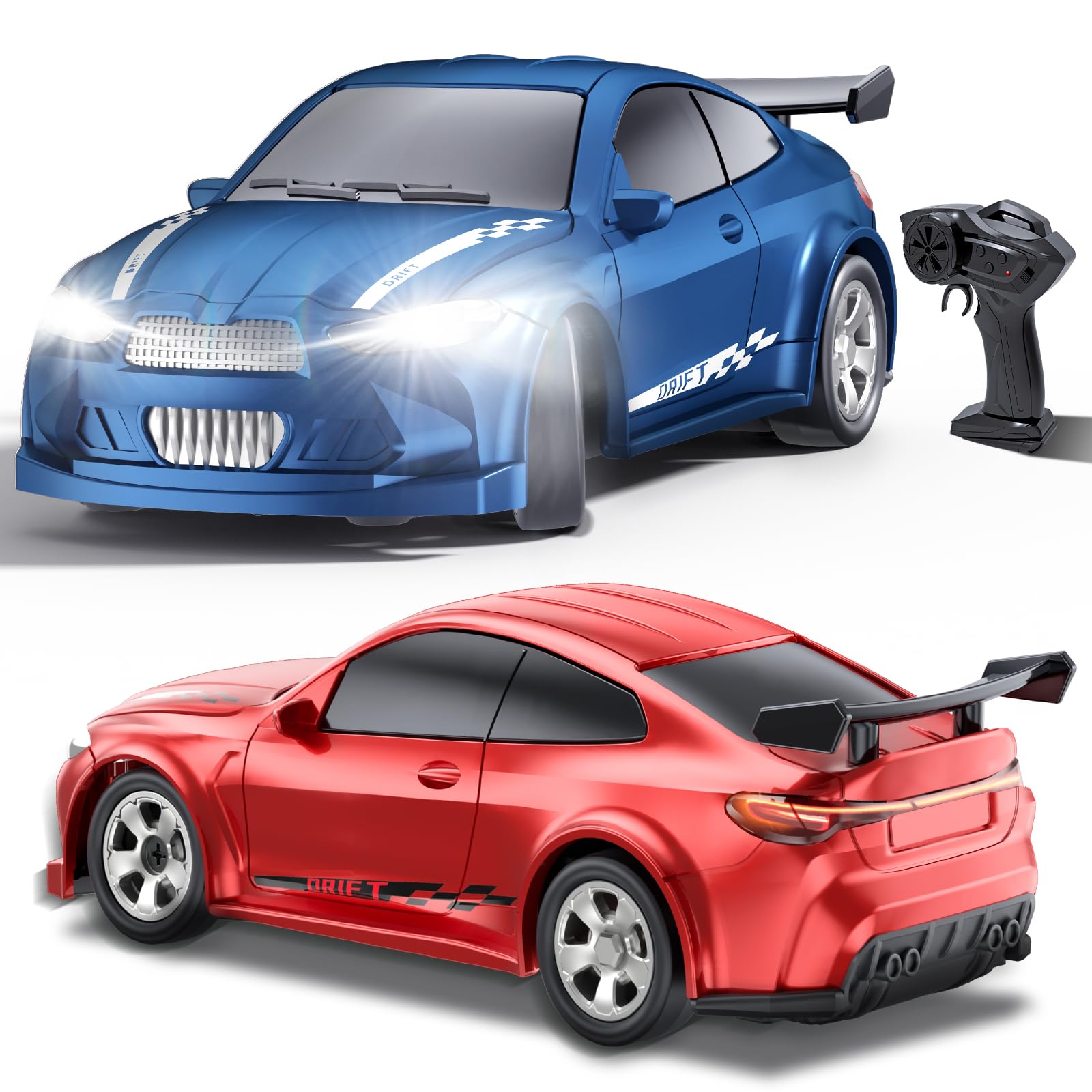 Yikkhy 1/64 Scale Remote Control Drift Car, 2.4GHz 4WD Mini RC Drift, Drift Car with LED Lights, Interchangeable Body, Obstacle Set, Suitable for Children Over 3 Years Old and Adults (Blue&Red)