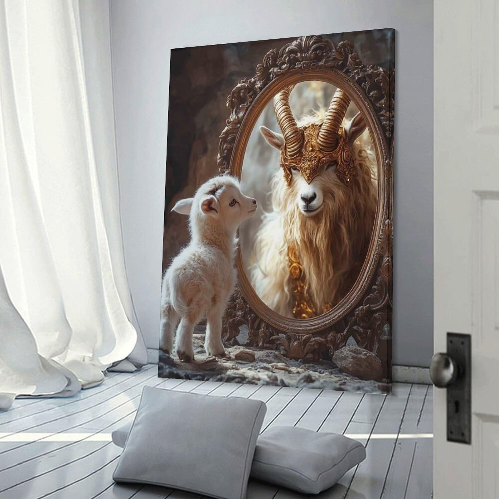 Junmoney Lamb And Golden Ram Decorative Wall Artwork, 24x36inch(60x90cm), for Corridors, Hallways Or Apartment Entries, Home Artwork for First Impressions