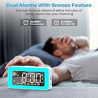Vista 3 de Relojes despertadores para dormitorios, reloj espejo con 8 luces de ambiente RGB, alarmas duales, 3 modos de alarma, repetición, ayuda para dormir