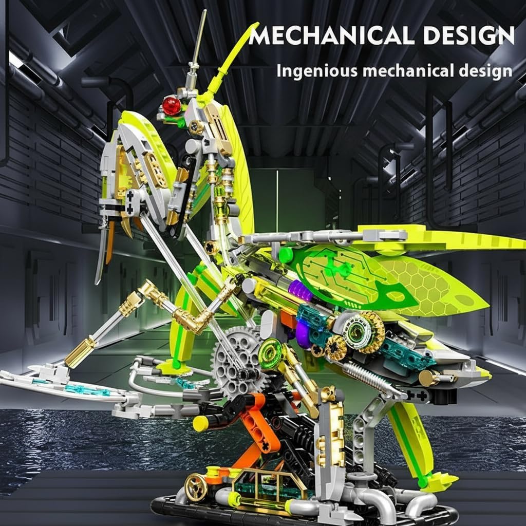 A close-up of the mechanical design of the mantis model, showing gears and intricate connections.