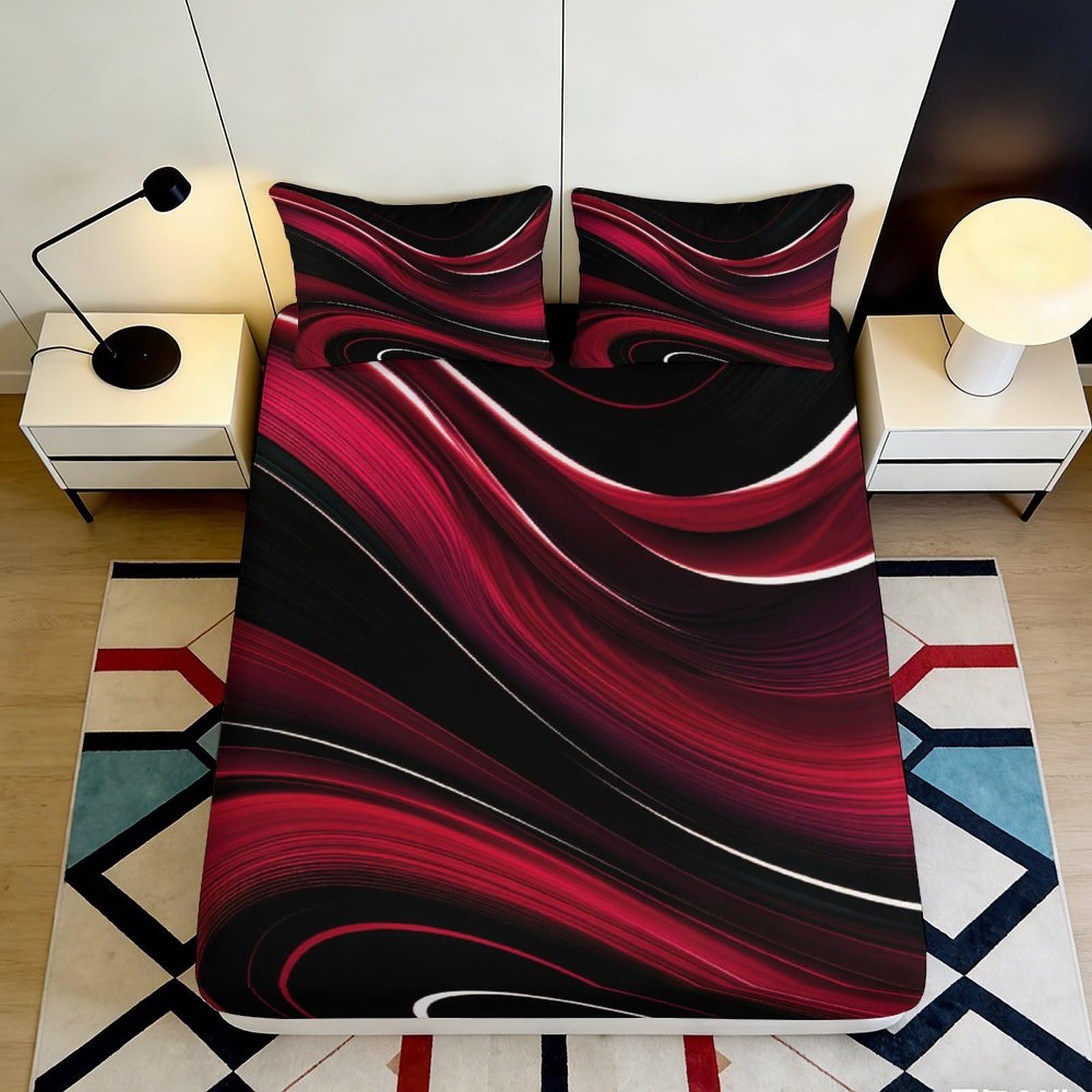 3D Printed Red Black Swirl Fitted Sheet Microfiber Soft Breathable Abstract Waves Mattress Cover for Bedroom Dormitory Guest Room Mattress Protection Decor 200x200x25cm