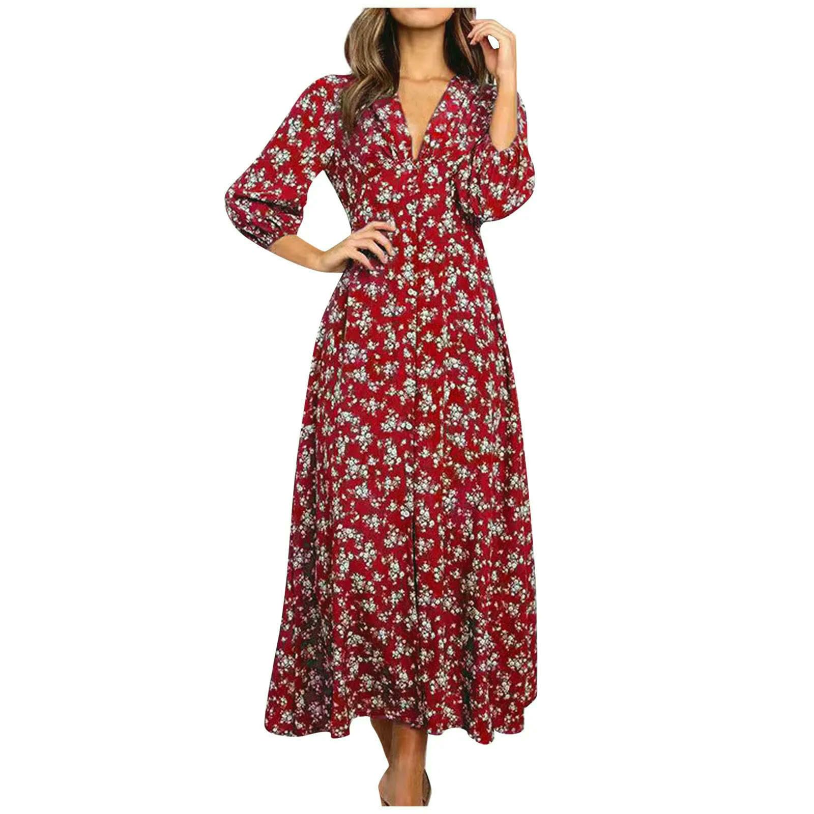 Vestito Donna Rosso Fiore Bohemian Maxi Abito, V-Collo Alta Vita 3 4 Manica, Abito Casual Fluente per La Spiaggia Estiva E Le Vacanze-Red-m