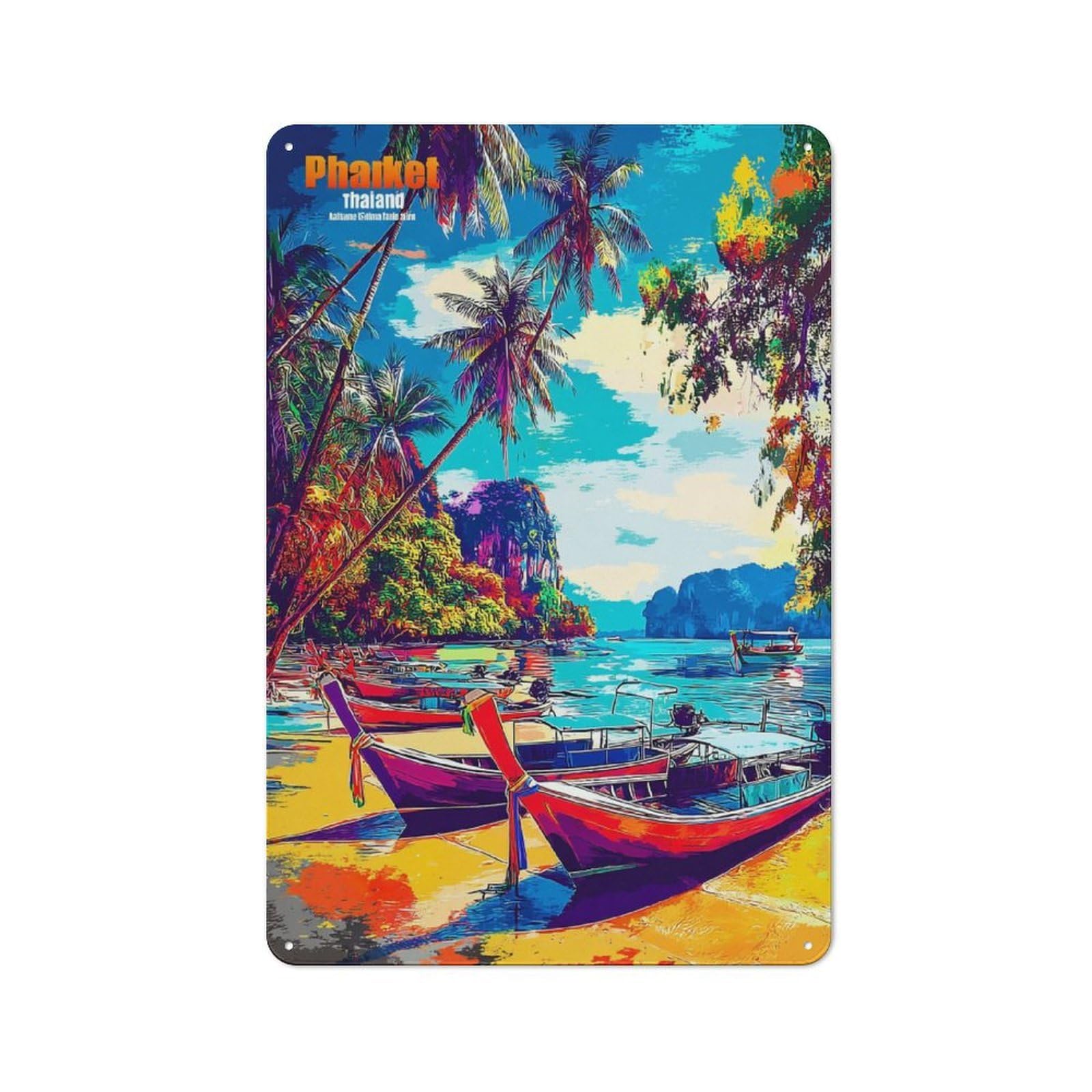 Junmoney Colorful Beach Scene In Thailand Retro Metal Sign 30X20cm, Classic Pub Decor For Cafe, Pub, Workshop Or Home Bar, For Casual British Interiors