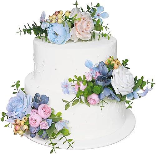Rinlong 3 piezas de decoración para tartas de color azul y rosa bebé, decoraciones de pasteles prefabricadas, flores para decoración de pasteles de