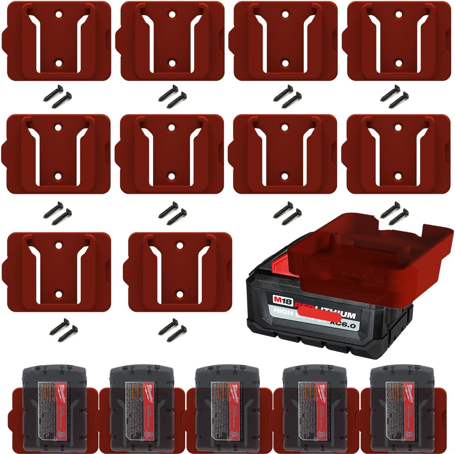 GijokBattery Holder for Milwaukee M18 18V Battery (No Battery), 10Packs Wall Mount Batteries Storage for Wall, Work Van, Shelf, Toolbox