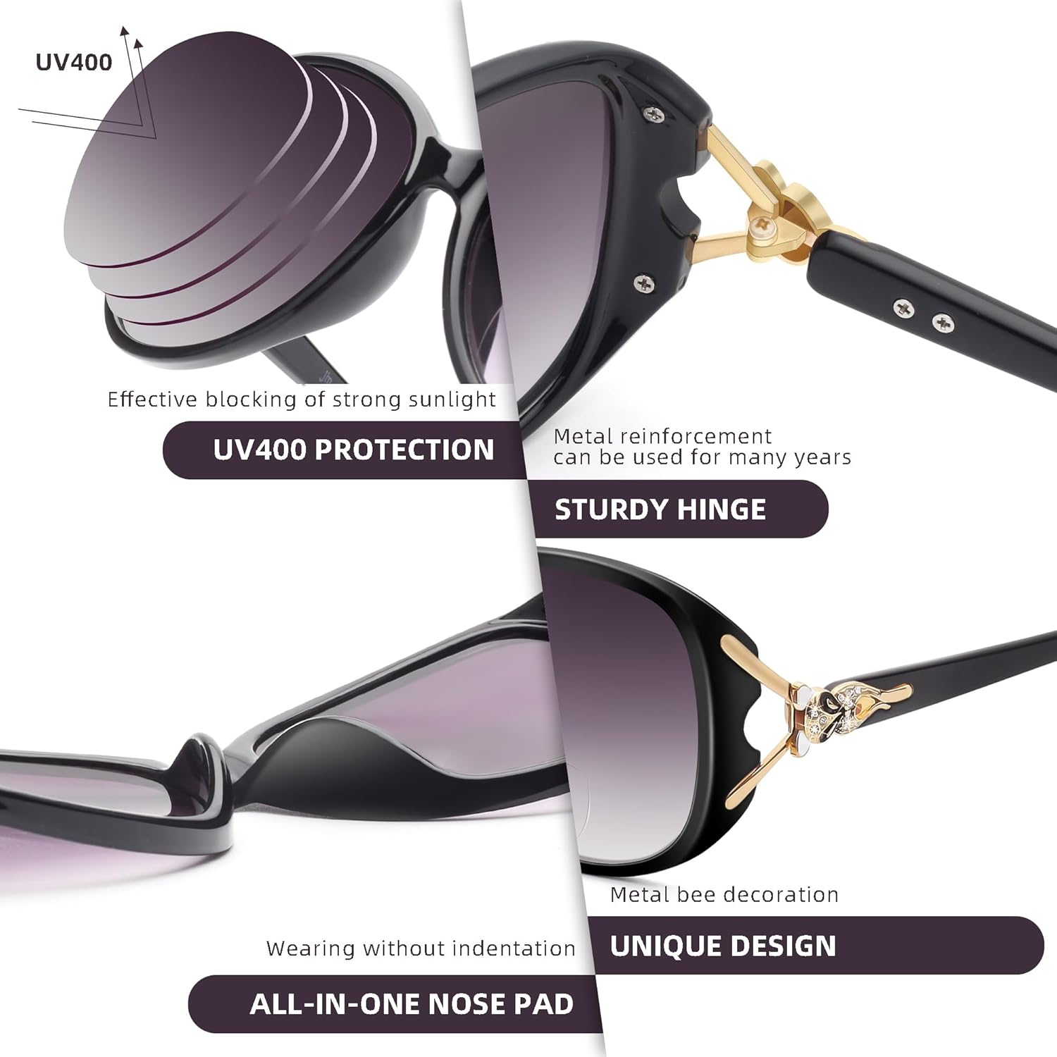 JM Bifocal Reading Sunglasses for Women Fashion Oversized Readers Outdoor Reading Glasses UV400 Protection Black & Tortoise +1.5