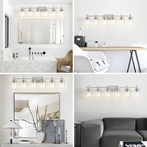 Miniatura 7 de Lámpara de tocador de baño de 6 luces, lámparas de baño de níquel cepillado sobre el espejo, luces de tocador de montaje en pared con pantalla de