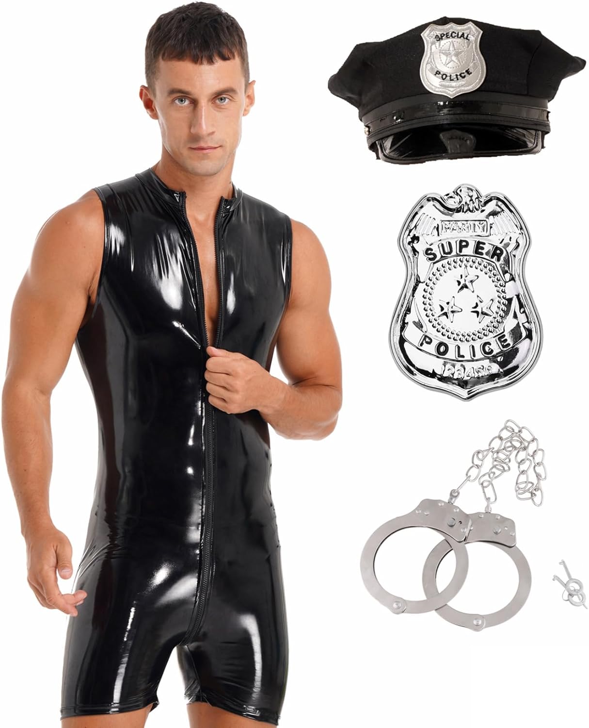 Lejafay Men's Police Officer Costume Zipper Front Short Jumpsuits Shiny Wetlook Bodysuit Overalls