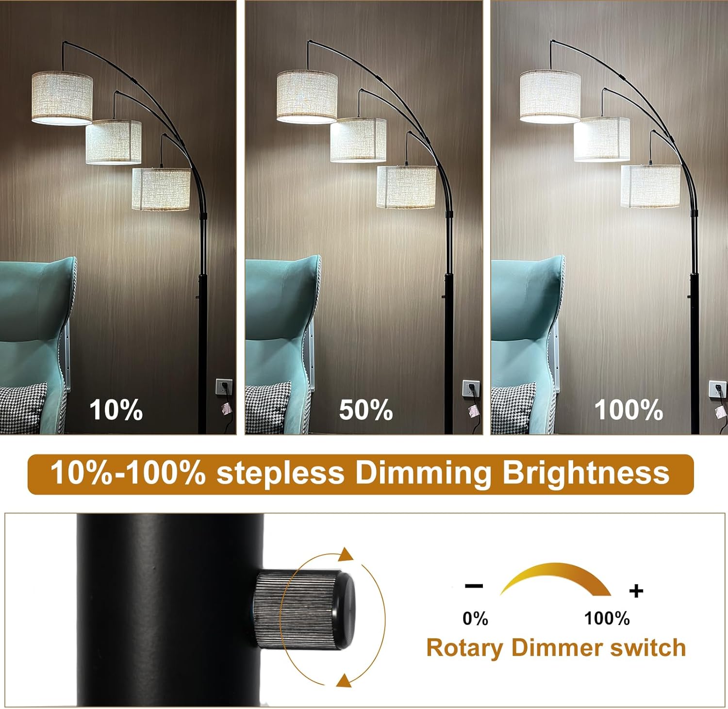 Dimmable Arc Floor Lamp, Rotary Switch Standing Lamp with Linen Shade and Heavy Base, Mid Century Tree Lamp for Bedroom, Office