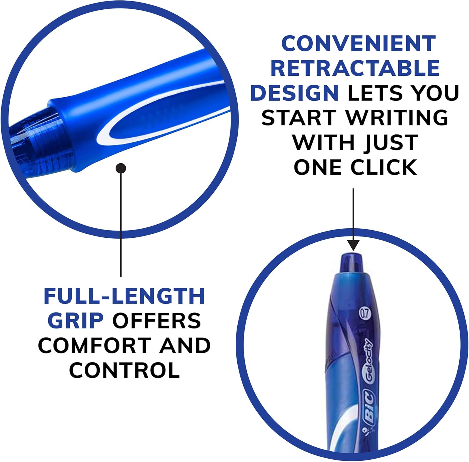 BIC Gelocity Quick Dry Blue Gel Pens, Medium Point (0.7mm), 12-Count Pack, Retractable Gel Pens With Comfortable Full Grip