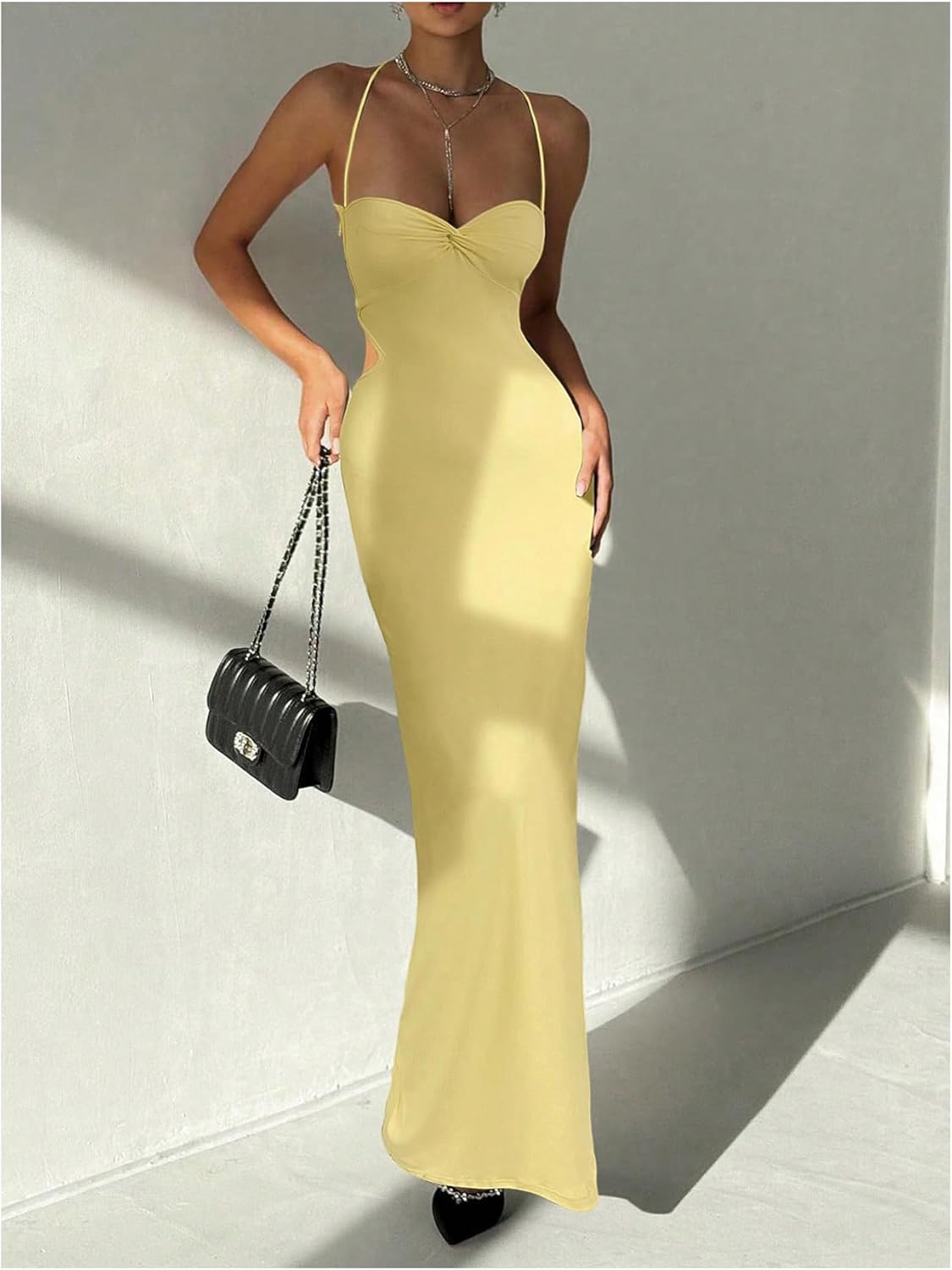 OYOANGLE Women's Criss Cross Backless Bodycon Cami Maxi Dress Spaghetti Strap High Slit Wedding Guest Dresses - Image 5